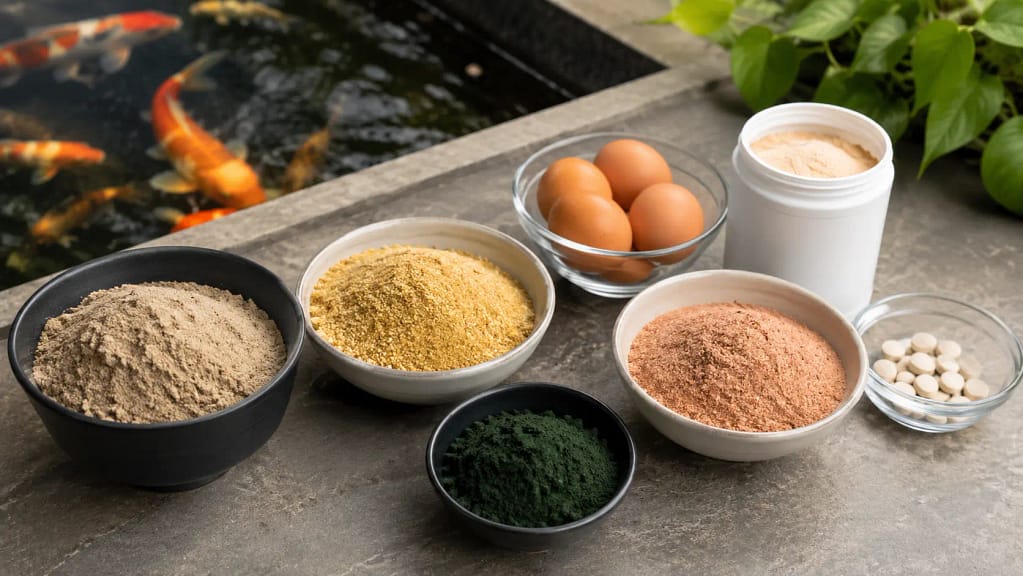 Sastojci za domaću hranu za koi ribe sa ribljim brašnom, spirulinom, pšeničnim klicama i jajima