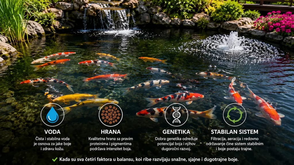 Koi ribnjak sa čistom vodom, aeracijom i zdravim koi ribama različitih boja