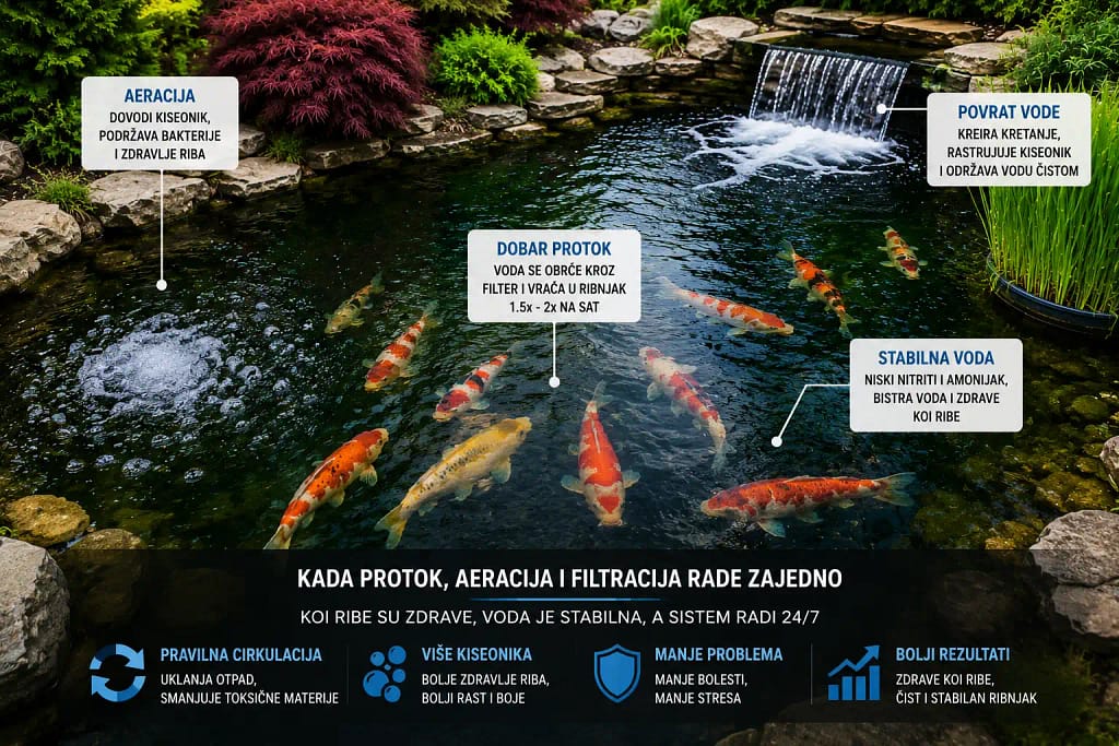 Dobar protok i aeracija u koi ribnjaku za stabilnu vodu i zdrave koi ribe