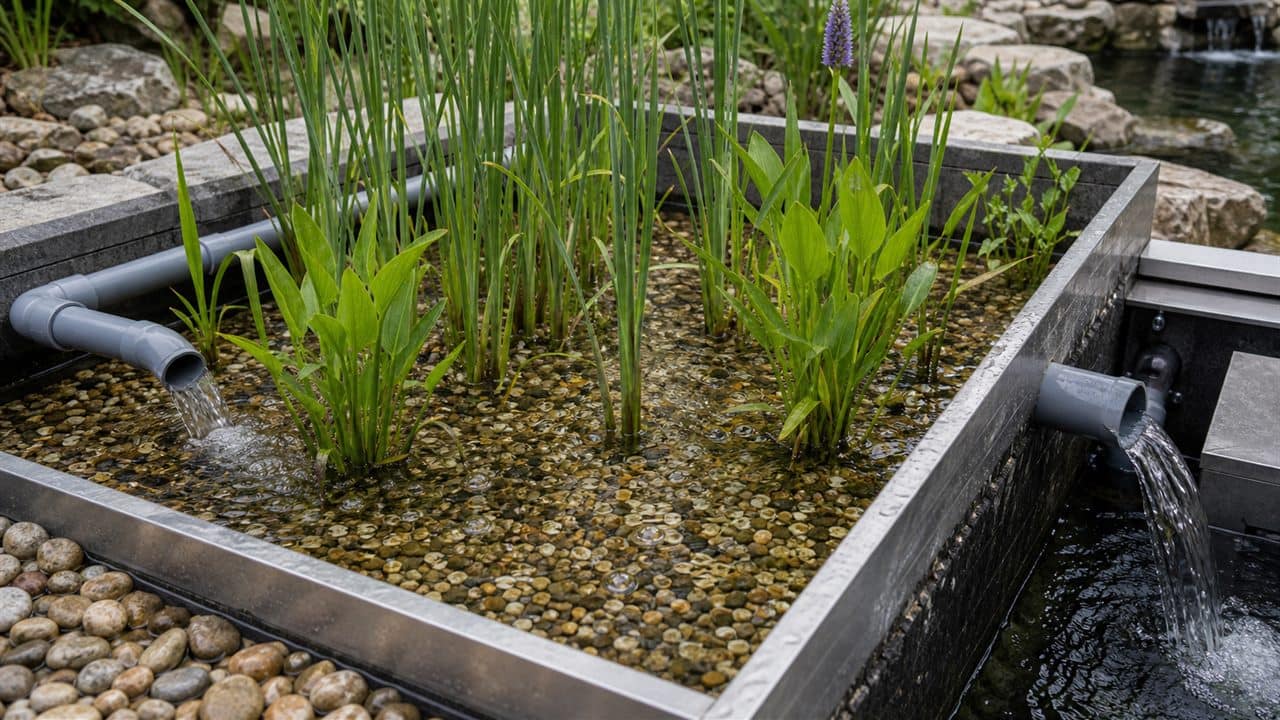 Wetland filter sa biljkama i kamenim supstratom za koi ribnjak