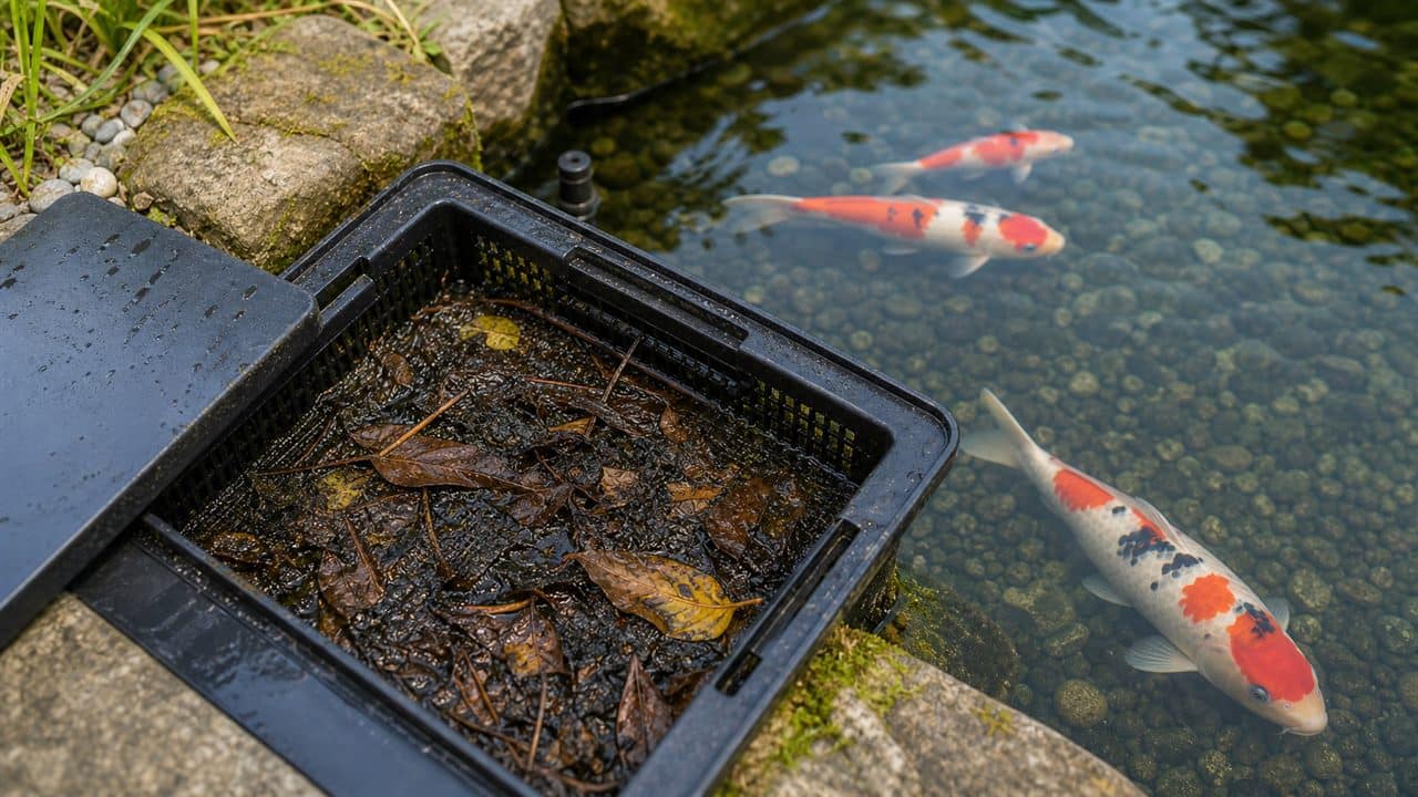 prefilter sa lišćem i organskim otpadom pored koi ribnjaka
