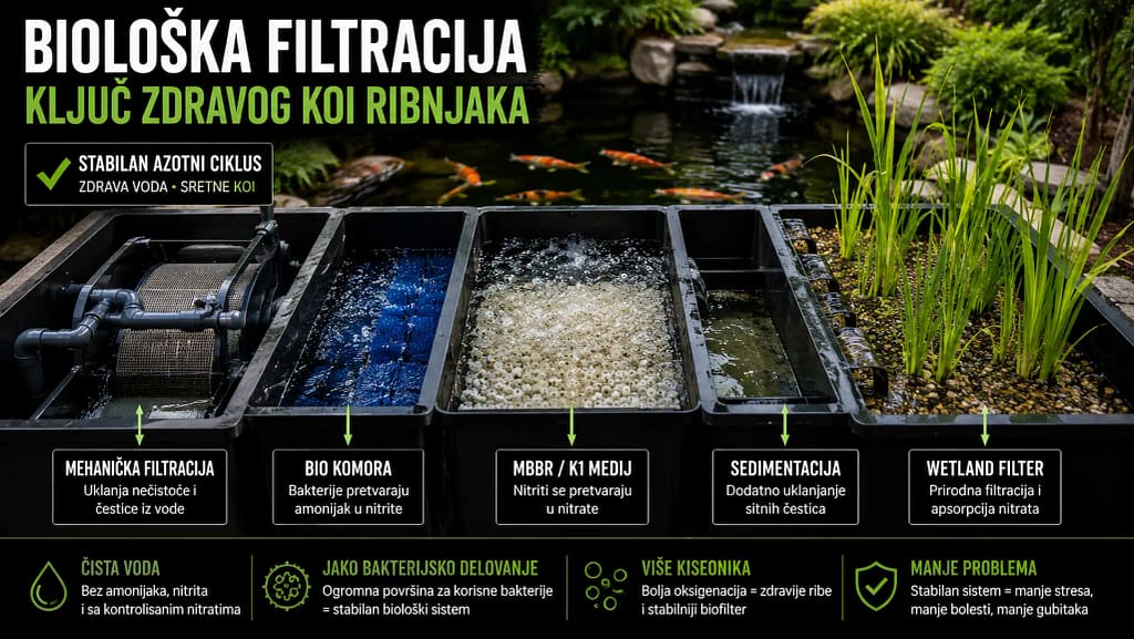 Biološka filtracija koi ribnjaka sa MBBR K1 filterom i wetland sistemom