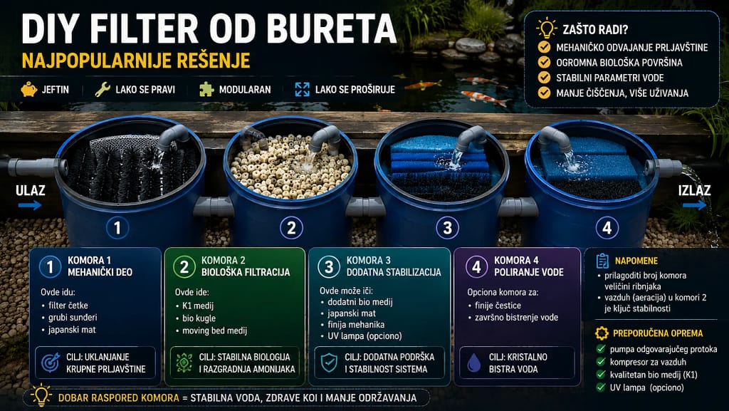 DIY filter od bureta za koi ribnjak sa četiri komore i moving bed filtracijom
