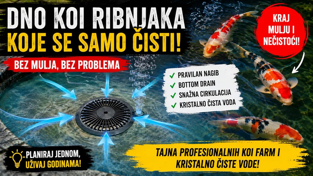 Dno koi ribnjaka sa bottom drain sistemom i pravilnim nagibom