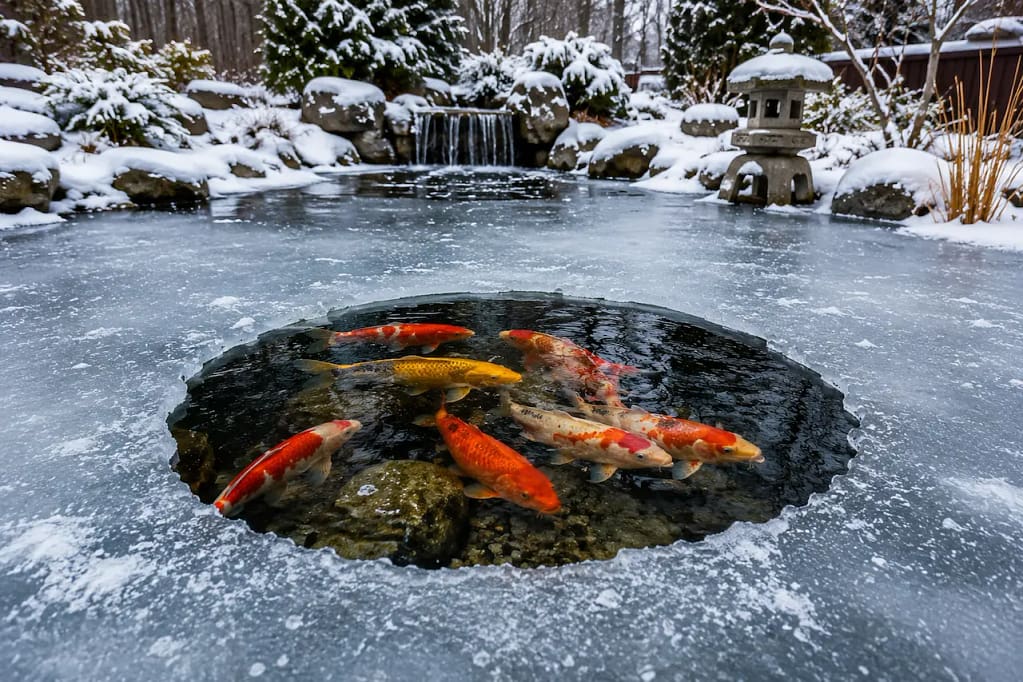 Koi ribe ispod zaleđenog jezerca tokom zime