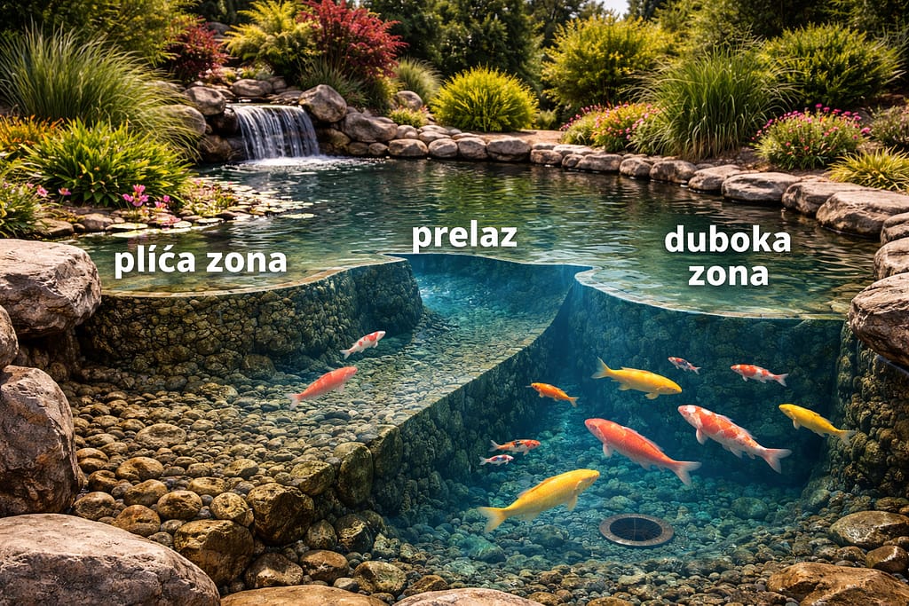 presek koi ribnjaka sa plićom zonom prelazom i dubokom zonom