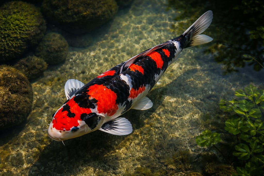 Showa Sanshoku koi riba u ribnjaku sa izraženim kontrastom boja