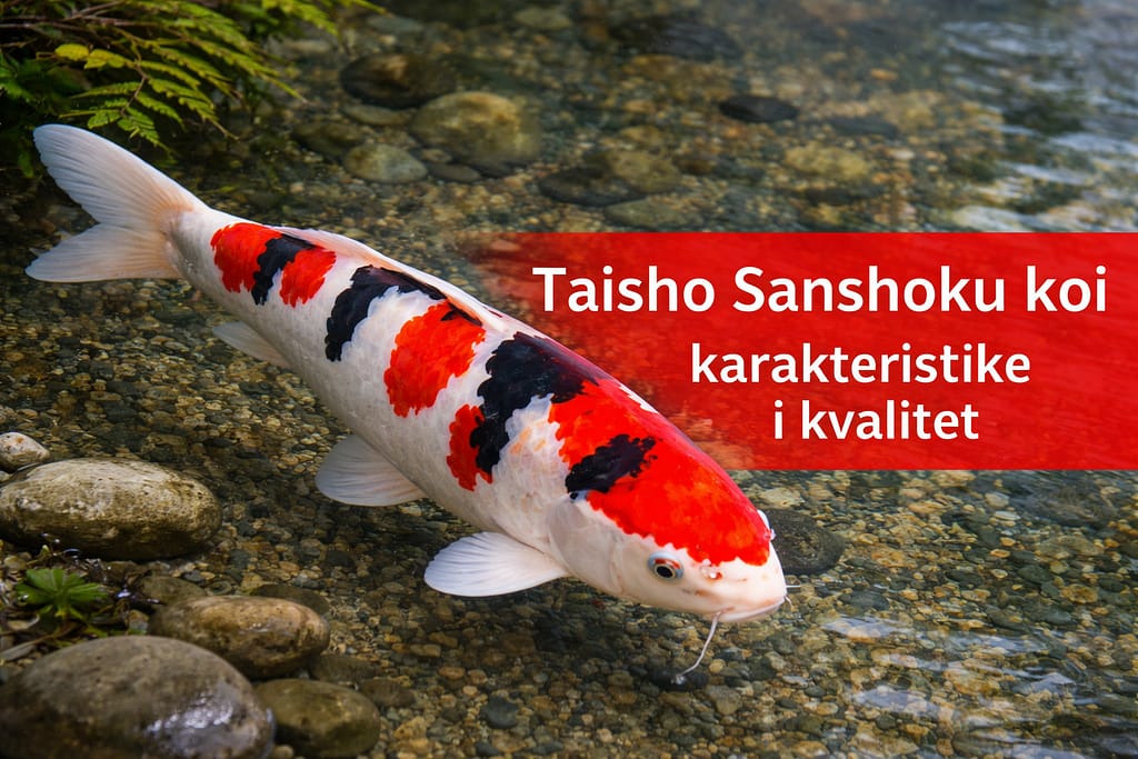 Taisho Sanshoku koi riba sa crvenim i crnim šarama na beloj osnovi