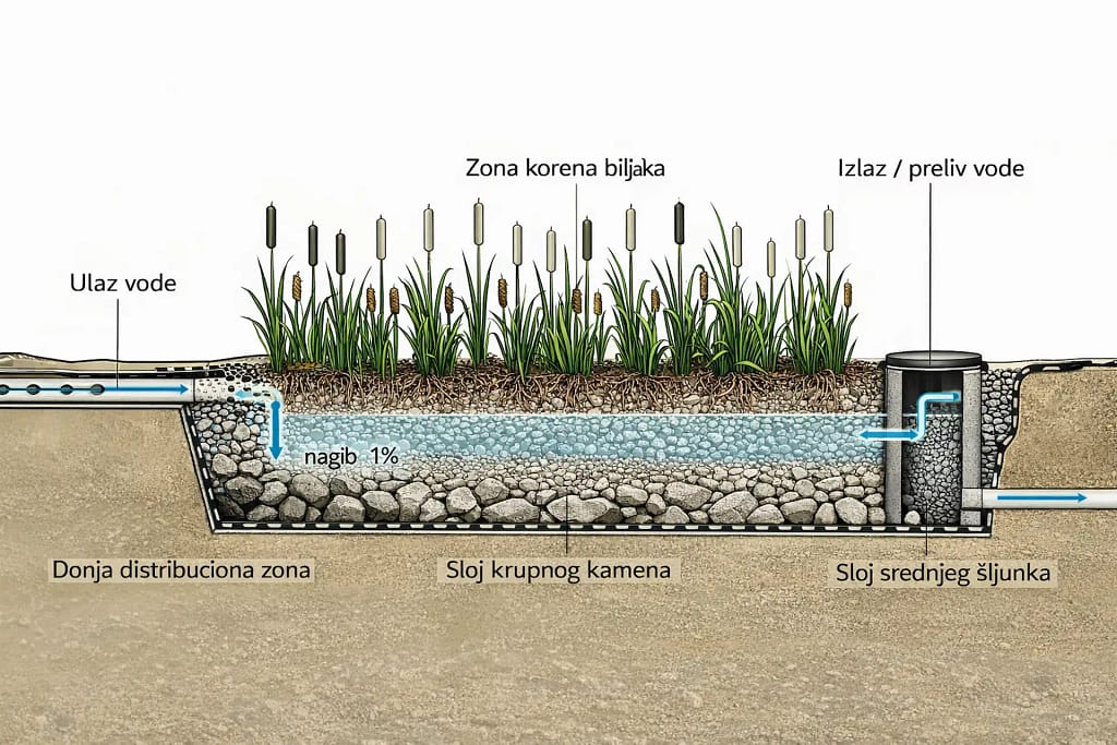 Shema rada wetland filtera sa ulazom odozdo i izlazom na vrhu